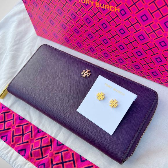 Tory Burch Handbags - Tory Burch Purple Emerson Zip Passport
Continental Wallet & Kira Stud Earrings